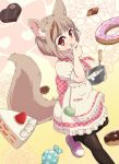  animal_ears apron black_legwear bowl box brown_hair cake candy chocolate_icing commentary_request cookie cream doughnut dress fennery_(show_by_rock!!) finger_licking food fox_ears fox_tail frilled_dress frills fruit heart-shaped_box icing licking light_brown_hair pantyhose pink_footwear puffy_short_sleeves puffy_sleeves short_hair short_sleeves show_by_rock!! slice_of_cake strawberry tail tongue tongue_out wafer whisk yude_unagi 