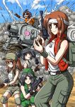  akiyama_yukari anglerfish backpack bag bandana baseball_cap belt black_hair breasts brown_eyes brown_hair caterpillar_tracks commentary_request cosplay dog_tags explosion explosive fio_germi fio_germi_(cosplay) girls_und_panzer glasses grenade grey_eyes ground_vehicle gun hairband handgun hat highres isuzu_hana kasamoto_eri kasamoto_eri_(cosplay) kikuchi_megane knee_pads machine_pistol marco_rossi marco_rossi_(cosplay) metal_slug military military_vehicle mittens motor_vehicle multiple_girls nadia_cassel nadia_cassel_(cosplay) nishizumi_miho orange_hair pants ponytail reizei_mako revolver short_hair shorts shotgun sleeveless smoke stielhandgranate sunglasses sv001_(metal_slug) takebe_saori tank tarma_roving tarma_roving_(cosplay) trigger_discipline twintails vest weapon wristband 