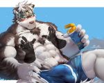  abs anthro biceps canine clothing fur headband horkeukamui male mammal multicolored_fur muscular muscular_male pecs rabbity tokyo_afterschool_summoners white_fur wolf 