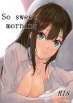  absurdres bed_sheet blush breasts brown_hair cleavage collarbone cover cover_page doujin_cover eyebrows_visible_through_hair green_eyes hair_between_eyes highres idolmaster idolmaster_cinderella_girls jewelry long_hair looking_at_viewer naked_shirt necklace nipples open_clothes open_shirt pillow sataking shibuya_rin shirt small_breasts smile solo upper_body white_shirt 