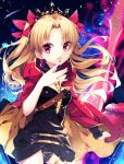  asymmetrical_sleeves black_leotard black_nails blonde_hair bow cape cowboy_shot detached_sleeves diadem earrings ereshkigal_(fate/grand_order) fate/grand_order fate_(series) floating_hair gold_trim hair_bow highres jewelry kozue1120 leotard long_hair looking_at_viewer nail_polish open_mouth outstretched_arm red_bow red_cape red_eyes solo standing 