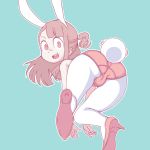  all_fours alternate_hairstyle animal_ears aqua_background ass asymmetrical_bangs bangs bent_over big_eyes blunt_bangs brown_hair bunny_ears bunny_girl bunny_tail bunnysuit cameltoe fake_animal_ears fake_tail from_behind full_body hairband high_heels kagari_atsuko legs little_witch_academia looking_at_viewer looking_back open_mouth orange_peel_(artist) outline pale_color pantyhose pastel_colors ponytail red_eyes round_teeth shoe_soles sidelocks simple_background smile solo stiletto_heels tail teeth white_hairband white_legwear white_outline 
