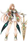  armor bangs bare_shoulders blonde_hair breasts cleavage cleavage_cutout commentary dress gloves headpiece highres hikari_(xenoblade_2) large_breasts long_hair looking_at_viewer redpoke solo swept_bangs sword thigh_strap tiara weapon xenoblade_(series) xenoblade_2 yellow_eyes 