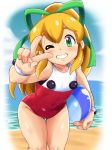 arm_up ball beach beachball blonde_hair casual_one-piece_swimsuit commentary_request covered_navel day green_eyes grin highres leaning_forward long_hair ocean one-piece_swimsuit one_eye_closed outdoors ponytail red_swimsuit ribbon rockman roll sagamimok smile solo swimsuit thighs v wristband 