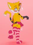  ! anthro black_fur black_nose blush cat clothed clothing crossdressing cub cute_fangs feline fur katxfish katxlogan legwear looking_back male mammal panties skirt solo stockings underwear white_fur yellow_fur young 