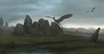  2018 cervine day detailed_background digital_media_(artwork) dragon dschunai feral grass group horn mammal membranous_wings outside rock sky wings 
