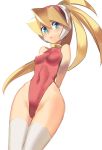  arms_behind_back bangs blonde_hair blue_eyes blush breasts ciel_(rockman) covered_navel hair_between_eyes head_tilt headgear high_ponytail highres leotard long_hair looking_at_viewer looking_to_the_side ponytail red_leotard rockman rockman_zero simple_background skin_tight solo thighhighs ukimukai white_background white_legwear wide_hips 