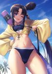  ;d bikini black_hair blue_bikini blue_eyes breasts cloud cloudy_sky commentary_request day eyebrows_visible_through_hair fate/grand_order fate_(series) fukai_ryousuke hair_bun hair_ornament hand_on_hip highres jacket long_hair looking_at_viewer navel one_eye_closed open_mouth palm_tree side_ponytail sky small_breasts smile solo swimsuit thick_eyebrows tree ushiwakamaru_(fate/grand_order) ushiwakamaru_(swimsuit_assassin)_(fate) very_long_hair wet 