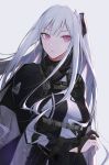  ak-12_(girls_frontline) bangs black_gloves braid breasts cloak commentary eyebrows_visible_through_hair french_braid gas_mask girls_frontline gloves grey_background hair_ribbon highres jacket long_hair long_sleeves looking_at_viewer medium_breasts parted_lips partly_fingerless_gloves purple_eyes qb_516 ribbon sidelocks silver_hair simple_background solo strap tactical_clothes upper_body very_long_hair 