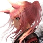  animal_ears bad_id bad_pixiv_id crying floating_hair fox_ears from_side green_eyes hair_over_shoulder highres kisui_(user_wswf3235) lipstick long_hair makeup original parted_lips pink_hair ponytail portrait red_lips solo tears white_background 