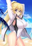  arm_behind_head armpits arms_up azuki_yui bangs beach black-framed_eyewear blonde_hair blush breasts cloud collarbone commentary_request competition_swimsuit covered_navel day eyebrows_visible_through_hair fate/grand_order fate_(series) from_side glasses hair_between_eyes hair_tie high_ponytail hips jacket jeanne_d'arc_(fate)_(all) jeanne_d'arc_(swimsuit_archer) large_breasts light_rays long_hair long_ponytail looking_at_viewer ocean one-piece_swimsuit outdoors ponytail sidelocks sideways_glance sky slender_waist sparkle standing sunbeam sunlight swimsuit swimsuit_under_clothes thighs track_jacket tree_branch unzipped very_long_hair water wet whistle whistle_around_neck white_jacket white_swimsuit zipper 