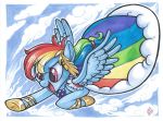  2018 blue_feathers clothed clothing cloud dress equine eyelashes feathered_wings feathers female feral flying footwear friendship_is_magic hair hair_tie hi_res hooves long_hair mammal marker_(artwork) multicolored_hair my_little_pony open_mouth open_smile outside pegasus portrait purple_eyes rainbow_dash_(mlp) rainbow_hair shoes signature sky smile solo spread_wings stripes tongue traditional_media_(artwork) whitediamonds wings 
