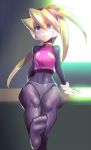  :o arm_support bangs blonde_hair blue_eyes blush breasts ciel_(rockman) commentary_request feet gloves hair_between_eyes head_tilt headgear high_ponytail long_hair looking_at_viewer panties_under_bodysuit ponytail rockman rockman_zero sitting skin_tight small_breasts soles solo spandex ukimukai white_gloves wide_hips 