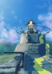  arm_support asymmetrical_bangs bangs blue_sky brown_eyes brown_hair brown_jacket camouflage cloud cloudy_sky commentary day girls_und_panzer ground_vehicle jacket leaning_forward long_hair long_sleeves looking_at_viewer md5_mismatch military military_uniform military_vehicle motor_vehicle nishi_kinuyo nito_(nshtntr) open_mouth riding sky solo tank type_97_chi-ha uniform wind 