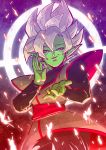  chinese_clothes cowboy_shot dougi dragon_ball dragon_ball_super earrings evil_smile fighting_stance fire fused_zamasu gradient gradient_background green_skin half-closed_eyes highres jewelry long_sleeves looking_at_viewer male_focus pointy_ears potara_earrings shaded_face short_hair smile solo sparks spiked_hair tetsuyo upper_body white_hair 