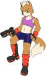  anthro bulge canine clothing footwear fox fox_mccloud girly gun male mammal nintendo panting ranged_weapon raxkiyamato shoes simple_background solo star_fox video_games weapon white_background 