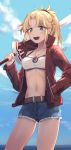  :d belt blonde_hair blue_shorts blue_sky breasts cleavage cloud cowboy_shot day denim denim_shorts eyebrows_visible_through_hair fate/apocrypha fate/grand_order fate_(series) green_eyes hair_between_eyes hair_ornament hair_scrunchie hand_in_pocket highres holding holding_sword holding_weapon jacket jewelry long_hair mordred_(fate) mordred_(fate)_(all) navel necklace open_clothes open_jacket open_mouth ponytail red_jacket red_scrunchie scrunchie short_shorts shorts sky small_breasts smile solo standing sword weapon yorktown_cv-5 