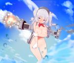  1girl blue_eyes blue_sky blush breasts caburi caburi_aki cloud cloudy_sky embarrassed eyebrows_visible_through_hair female gloves gluteal_fold kantai_collection kashima_(kantai_collection) machinery navel nipples open_mouth outdoors pussy silver_hair sky solo twintails water weapon white_gloves 
