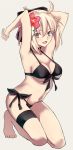  :d absurdres ahoge armpits arms_up barefoot bikini black_bikini black_bow blonde_hair bow breasts brown_eyes choker cleavage collarbone eyebrows_visible_through_hair fate/grand_order fate_(series) flower full_body grey_background groin hair_between_eyes hair_bow hair_flower hair_ornament hibiscus highres kneeling long_hair looking_at_viewer medium_breasts navel okita_souji_(fate) okita_souji_(fate)_(all) open_mouth red_flower sideboob simple_background smile solo swimsuit thigh_strap underboob yuchio 
