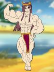  abs absurdres bad_proportions beach breasts crossed_legs day egyptian egyptian_clothes flexing full_body gold_trim hair_over_breasts highres huge_breasts long_hair muscle muscular_female nicki1996 pelvic_curtain pose princess_neferu-re purple_eyes purple_hair solo standing thick_thighs thighs time_tenshi_2 topless watson_cross 