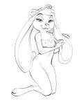 2016 adam_wan anthro big_ears black_and_white bow_tie breasts chest_tuft eyelashes female fur hair kneeling lagomorph looking_at_viewer mammal monochrome nipples nude paws rabbit simple_background small_breasts smile solo tuft white_background 