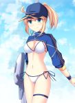  ahoge artoria_pendragon_(all) baseball_cap bikini blue_sky breasts cleavage cropped_jacket cross_(crossryou) day eyebrows_visible_through_hair fate/grand_order fate_(series) hair_through_headwear hat highres looking_at_viewer medium_breasts mysterious_heroine_xx_(foreigner) navel shrug_(clothing) side-tie_bikini sky smile solo swimsuit thigh_strap twinmyniad weapon white_bikini 