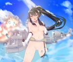  1girl black_hair blue_sky blush breasts caburi caburi_aki collarbone female gloves kantai_collection legs_apart long_hair machinery medium_breasts navel nipples nude open_mouth pussy shiny shiny_skin single_thighhigh sky solo thighhighs uncensored v-shaped_eyebrows weapon white_gloves yahagi_(kantai_collection) 