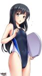  alternate_costume asashio_(kantai_collection) bangs bare_arms bare_shoulders black_hair black_swimsuit collarbone commentary competition_swimsuit covered_navel cowboy_shot dated eyebrows_visible_through_hair flat_chest flying_sweatdrops from_below grey_eyes highleg highleg_swimsuit highres holding kantai_collection kickboard long_hair looking_at_viewer one-piece_swimsuit open_mouth shiny shiny_skin signature simple_background solo standing swimsuit tsuchimiya white_background 