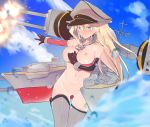  1girl bare_shoulders bismarck_(kantai_collection) black_gloves blonde_hair blue_eyes blue_sky blush caburi caburi_aki closed_mouth cloud cloudy_sky day elbow_gloves eyebrows_visible_through_hair female gloves gluteal_fold hair_between_eyes hat kantai_collection long_hair machinery navel nipples outdoors pussy sky solo tears thighhighs uncensored v-shaped_eyebrows weapon 