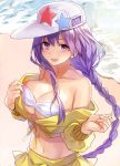  bangs bare_shoulders baseball_cap bb_(fate)_(all) bb_(swimsuit_mooncancer)_(fate) beach braid breasts cleavage collarbone commentary_request cropped_jacket fate/extra fate/extra_ccc fate/grand_order fate_(series) hat jacket large_breasts long_hair looking_at_viewer midriff navel off_shoulder open_mouth purple_eyes purple_hair skirt smile solo star star_hat_ornament very_long_hair white_bikini_top white_hat yellow_jacket yellow_skirt yuzuki_karu 