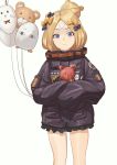  abigail_williams_(fate/grand_order) absurdres balloon bangs black_bow black_jacket blonde_hair blue_eyes bow chaji_h closed_mouth commentary_request crossed_bandaids eyebrows_visible_through_hair fate/grand_order fate_(series) fou_(fate/grand_order) hair_bow hair_bun heroic_spirit_traveling_outfit highres jacket key long_hair long_sleeves medjed object_hug orange_bow parted_bangs polka_dot polka_dot_bow simple_background sleeves_past_fingers sleeves_past_wrists smile solo stuffed_animal stuffed_toy teddy_bear white_background 