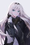  an-94_(girls_frontline) bangs black_gloves blonde_hair blue_eyes braid breasts cloak closed_mouth expressionless eyebrows_visible_through_hair floating_hair gas_mask girls_frontline gloves grey_background hair_between_eyes hair_ribbon hairband hand_up highres jacket long_hair long_sleeves looking_at_viewer medium_breasts qb_516 ribbon sidelocks simple_background solo strap tactical_clothes upper_body very_long_hair 