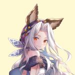  animal_ears arms_behind_back bare_shoulders blush closed_mouth ears_through_headwear erune granblue_fantasy hair_ribbon highres hika_(cross-angel) lips long_hair looking_at_viewer md5_mismatch red_eyes ribbon scathacha_(granblue_fantasy) silver_hair simple_background smile solo upper_body 