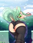  2018 absurd_res an-m bat_pony blush building butt camel_toe clothed clothing cloud cute detailed_background dock equine eyelashes fan_character fangs female feral fully_clothed green_eyes green_hair hair hi_res hooves horn hybrid legwear looking_at_viewer looking_back mammal my_little_pony outside panties presenting presenting_hindquarters raised_tail rear_view skirt sky slit_pupils smile solo stockings tezla_(an-m) thigh_highs tongue tongue_out tree underwear unicorn walking 