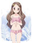  aoba_kokona blush braid brown_eyes brown_hair closed_mouth collarbone commentary_request frilled_swimsuit frills groin hair_ornament hairclip head_tilt katatsuka_kouji long_hair looking_at_viewer navel own_hands_together pink_swimsuit smile solo standing swimsuit very_long_hair wet wet_hair yama_no_susume 