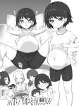  bed big_belly bike_shorts blush breasts cameltoe commentary_request covered_nipples debutya_aki girls_und_panzer greyscale gym_uniform heart heart-shaped_pupils highres isobe_noriko kawanishi_shinobu kondou_taeko monochrome mother_and_child multiple_girls navel open_mouth outie_navel pregnant sasaki_akebi short_hair small_breasts spread_legs symbol-shaped_pupils translation_request 