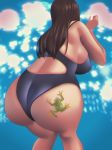  1girl ass bare_shoulders bending_forward breasts brown_hair frog from_behind huge_ass huge_breasts long_hair neri_sachiko one-piece_swimsuit original shiny shiny_hair solo swimsuit 