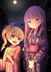  alternate_hairstyle bangs blonde_hair blue_bow blunt_bangs blush bow braid commentary_request fingernails flandre_scarlet glowing height_difference highres japanese_clothes kimono light_particles long_hair moon multiple_girls nail_polish night night_sky no_hat no_headwear open_mouth own_hands_together patchouli_knowledge purple_eyes purple_hair red_bow red_eyes sharp_fingernails sky smile touhou tsukimirin wings yukata 