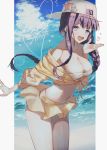  bangs bare_shoulders bb_(fate)_(all) bb_(swimsuit_mooncancer)_(fate) beach braid breasts cleavage commentary_request day fate/extra fate/extra_ccc fate/grand_order fate_(series) jacket long_hair looking_at_viewer ocean purple_eyes purple_hair skirt skirt_lift smile solo star thighs very_long_hair white_cap yellow_jacket yellow_skirt yuno_tsuitta 