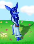  2018 aardvark allie_aardvark anthro blue_eyes blue_fur blue_hair book clothed clothing costume detailed_background digital_media_(artwork) dress fan_character female field fur hair kendratheshinyeevee looking_at_viewer mammal medieval peasant_girl smile solo the_ant_and_the_aardvark 