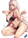  absurdres ahoge bad_hand bangs bikini black_bikini blush breasts choker cleavage collarbone commentary eyebrows_visible_through_hair fate/grand_order fate_(series) hair_between_eyes highres jeanne_d'arc_(alter_swimsuit_berserker) jeanne_d'arc_(fate)_(all) kisaragi_(legobionicle23) large_breasts long_hair looking_at_viewer o-ring open_mouth signature simple_background solo sweat swimsuit white_background yellow_eyes 
