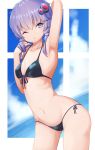  ;o arm_up armpits ass_visible_through_thighs bangs bikini black_bikini blue_eyes blue_sky breasts cleavage collarbone cowboy_shot day eyebrows_visible_through_hair front-tie_bikini front-tie_top groin hair_ornament hand_in_hair highres low_twintails navel ocean one_eye_closed open_mouth purple_hair ribs side-tie_bikini sky small_breasts solo swimsuit twintails vocaloid voiceroid yusake_san yuzuki_yukari 