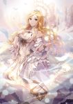  angelia blonde_hair breasts cleavage detached_collar detached_sleeves dress feathers green_eyes halo hand_up highres long_hair looking_at_viewer medium_breasts sdorica_-sunset- solo soyubee very_long_hair white_dress 