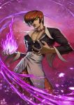  absurdres belt brown_hair choker collarbone fire glint goodotaku hair_over_one_eye highres jacket male_focus pants purple_fire red_eyes red_pants smile snk solo standing the_king_of_fighters watermark yagami_iori 