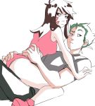  1boy 1girl brown_hair d.va_(overwatch) full_body genji_(overwatch) girl_on_top green_hair looking_at_viewer overwatch pachastuff simple_background sketch socks white_background younger 