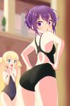  :d :o anime_coloring ass backless_swimsuit bangs black_swimsuit bloom blue_swimsuit blurry blurry_background blush commentary depth_of_field eyebrows_visible_through_hair from_behind gochuumon_wa_usagi_desu_ka? hair_up hands_on_hips hands_together highres indoors interlocked_fingers kirima_sharo looking_at_another looking_at_viewer looking_back multiple_girls one-piece_swimsuit open_mouth pix_mloof purple_eyes purple_hair school_swimsuit short_hair smile standing swimsuit tedeza_rize tied_hair yuri 