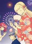  2girls absurdres aerial_fireworks alfonse_(fire_emblem) anna_(fire_emblem) blonde_hair blue_hair blush braid breasts closed_mouth fan festival fire_emblem fire_emblem_heroes fireworks highres japanese_clothes kimono long_hair looking_at_viewer multicolored_hair multiple_girls nishimura_(nianiamu) open_mouth paper_fan ponytail protected_link red_hair sharena short_hair simple_background smile summer_festival uchiwa water_yoyo white_background 