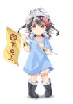  absurdres akiteru98 bangs black_footwear black_hair blue_shirt blush boots bracelet child clothes_writing collarbone commentary cosplay eyebrows_visible_through_hair flag flat_cap full_body hair_between_eyes hat hataraku_saibou highres holding holding_flag horn jewelry kijin_seija long_hair looking_at_viewer multicolored_hair platelet_(hataraku_saibou) platelet_(hataraku_saibou)_(cosplay) red_hair rubber_boots shadow shirt short_sleeves shorts simple_background smile solo standing streaked_hair t-shirt touhou translated white_background white_hair white_hat white_shorts younger 