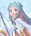  :d bangs blue_hair blush brown_scarf dress forehead holding izumo_miyako long_hair long_sleeves looking_at_viewer looking_to_the_side open_mouth princess_connect! princess_connect!_re:dive red_eyes saiste scarf sleeves_past_fingers sleeves_past_wrists smile solo star very_long_hair white_dress wide_sleeves 
