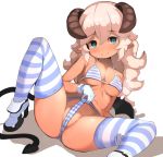  :&gt; aqua_eyes bangs bare_arms bare_shoulders bikini bikini_lift black_tail blue_bikini blue_legwear blush breasts breasts_apart brown_horns closed_mouth collarbone commentary_request covered_nipples crossed_bangs curly_hair demon_girl demon_horns demon_tail demon_wings eyebrows_visible_through_hair garoudo_(kadouhan'i) gloves hair_between_eyes half-closed_eyes hand_on_own_thigh high_heels horns long_hair looking_at_viewer low_wings micro_bikini original parted_bangs pointy_ears pussy_juice pussy_juice_drip_through_clothes pussy_juice_puddle raised_eyebrows reclining self_wedgie simple_background small_breasts solo spread_legs string_bikini striped striped_bikini striped_legwear succubus swimsuit tail toned wedgie white_background white_bikini white_footwear white_gloves white_hair white_legwear wings 